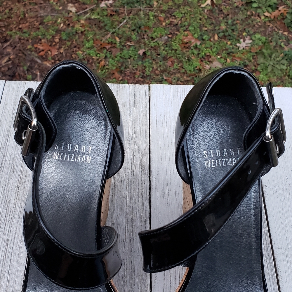 Stuart Weitzman Oneliner Cork Wedge Patent Sandals - image 8